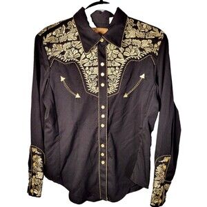 Scully Shirt Womens MEDIUM Western Pearl Snap Embroidered Black Gold Pl-654